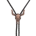 Vintage Bolo-Krawatte mit bronzefarbenem Bullenschädel und schwarzem Lederband - Gebogener Horn Stierkopf Kupfer