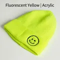 Kids knitted beanie in fluorescent yellow acrylic with black embroidered smiley face - Acrylic Fiber / Neon Yellow