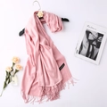 Pink cashmere scarf with fringe details styled with rose and perfume props - Dusty Pink