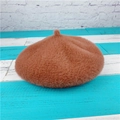 Plush faux rabbit fur beret hat in caramel orange brown, stylish winter pumpkin cap design - M (56-58cm) / Leather Red