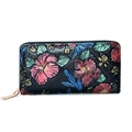 Elegant black long wallet with colorful hibiscus floral embossing and golden zipper detail - Multicolor Flower