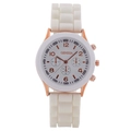 Women's quartz watch with white silicone strap and gold-tone case featuring a three-eye dial - White