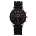 Fashion Geneva ladies quartz watch with black silicone strap and rose gold three-eye dial - Black