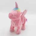 Peluche unicorno elettrico rosa con criniera arcobaleno e ali lucide in posa in piedi - Occhi Sorridenti Rosa