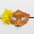 Orange lace masquerade mask with gold glitter, sequins and a large yellow side flower decoration - Dragon Pattern Side Flower / Orange