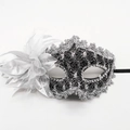 Elegant Venetian lace masquerade mask with silver flowers and feathers on white background - Dragon Pattern Side Flower / Silver Black