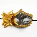 Elegant black and gold Venetian masquerade mask featuring a large side satin flower - Dragon Pattern Side Flower / Gold Black