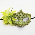 Green lace masquerade mask with silk side flower and sparkling silver rhinestones - Dragon Pattern Side Flower / Green