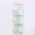 Hanging cotton linen 3-pocket organizer with mint green flamingo pattern and wood pole - Green Flamingo