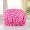 Waterproof double-layer shower cap with pink polka dot pattern and ruffled elastic hem - Rose Red Polka Dot
