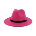 Detail of rose red fedora hat with black leather band and silver metal buckle accent - Adjustable / Rose Red
