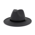 Detail showing high-quality dark grey wool felt fedora with black strap and silver buckle - Adjustable / Dark Gray