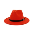 Classic red wool fedora hat with a black belt buckle band on a white background - Adjustable / Orange