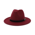 Detail of burgundy fedora hat with black leather belt buckle and wool felt texture - Adjustable / Burgundy