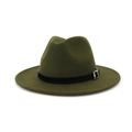 Olive green wool fedora hat with wide brim and black decorative belted silver buckle - Adjustable / Army Green