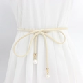 Slim cream velvet cord belt with elegant pearl pendant and gold metal hardware - Beige