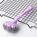 Long-handle stainless steel scouring brush with purple ergonomic handle and hanging hole - Nordic Purple