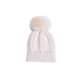 Close-up of cable knit texture and faux fur pom-pom on cream winter beanie hat - Adult Cable Knit Style / Beige