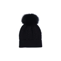 Winter chunky knit beanie in black featuring cable patterns and large faux fox fur pompom - Adult Cable Knit Style / Black