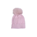 Pink knit beanie with matching faux fox fur pom pom and classic cable stitch - Adult Cable Knit Style / Pink