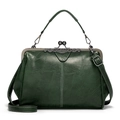 Vintage green leather handbag with metal frame clasp and detachable shoulder strap - Green