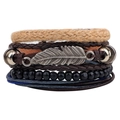 Men's multi-layer genuine leather bracelet set with silver metal feather charm on white background - N023 Metal Feather Hemp Rope Leather Set
