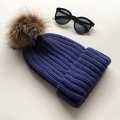 Chic purple knit beanie with a large brown faux fur pom pom and stylish sunglasses - Dark Blue