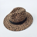 Detail of leopard print wool fedora featuring a classic indented crown and black ribbon - One Size / Light Coffee
