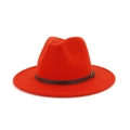 Classic bright red fedora hat with wide brim and dark brown leather decorative band - Orange