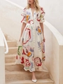 Boho floral V-neck maxi dress with puff sleeves and button detail in cream white - S / White