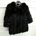 Close-up detail of luxury black faux fur coat with thick collar and striped texture - S / Black