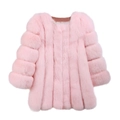 Detail of pink faux fur coat showing vertical stripe texture and soft plush material - S / Pink