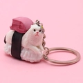 Cute white cartoon cat sushi keychain with pink backpack and silver metal ring - Style 1 (White Cat Sushi)