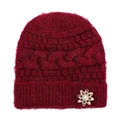 Dicke weinrote Mohair-Strickmütze für ältere Damen mit dekorativer Goldblumenperle - Einheitsgröße / Rot