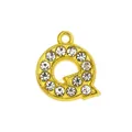 Detail of a 15mm gold-plated letter Q pendant encrusted with sparkling white rhinestones - 15mm Gold Rhinestone Letter Q Pendant
