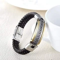 Pulsera trenzada de cuero negro para hombre con placa de metal grabada - Patrón Griego Bicolor Dorado