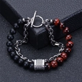 Macro shot of multi-layer bracelet with black agate, tiger eye beads and T-bar toggle clasp - Matte Stone + Red Tiger Eye (Silver Chain)