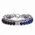 Detail of multi-layer bracelet with tiger eye beads and stainless steel T-bar clasp - Lava Stone & Lapis Lazuli