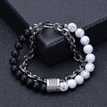 Men's double-layer bracelet with black matte beads, white turquoise, and silver steel chain - Frosted And White Turquoise Bracelet