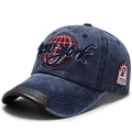 Casquette New York bleu foncé délavée avec broderie et bordure en cuir marron vintage - Réglable / Bleu Marine