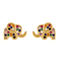 Golden elephant stud earrings with colorful zircon stones in a detailed micro-set design - err22 Elephant