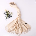 Detail showing high-quality beige cashmere scarf texture with luxury brand label - Beige