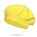 Vibrant yellow wool knit beret hat with a top stem detail on a clean white background - Light Yellow