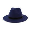 Navy blue wide brim wool fedora hat with a black leather band and silver metal buckle - Adjustable / Navy Blue