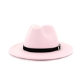 Detailed side view of pink wool jazz fedora with black leather belt and silver buckle - Adjustable / Pink