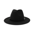 Detail of wool fedora hat featuring classic black felt texture and silver buckle strap - Adjustable / Black