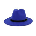 Detailed texture of royal blue wool fedora with black decorative band and silver buckle - Adjustable / Sapphire Blue