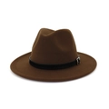 Detail of wool felt fedora featuring a brown finish and a black leather band with buckle - Adjustable / Coffee