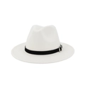 Detail of white wool fedora hat featuring black decorative band and silver metal buckle - Adjustable / White