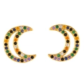 Gold crescent moon stud earrings with colorful pavé cubic zirconia inlay - err19 Moon